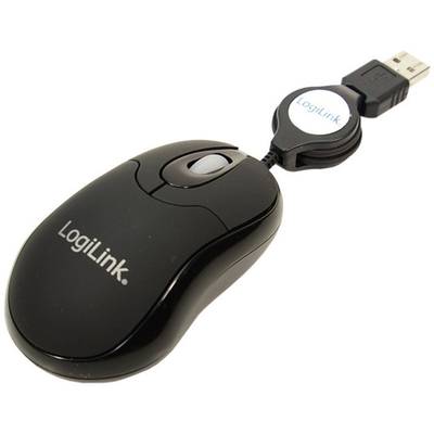 Svart Kabelmöss från LogiLink med USB-anslutning och utdragbar kabel, lämplig för datorstyrning och navigation.