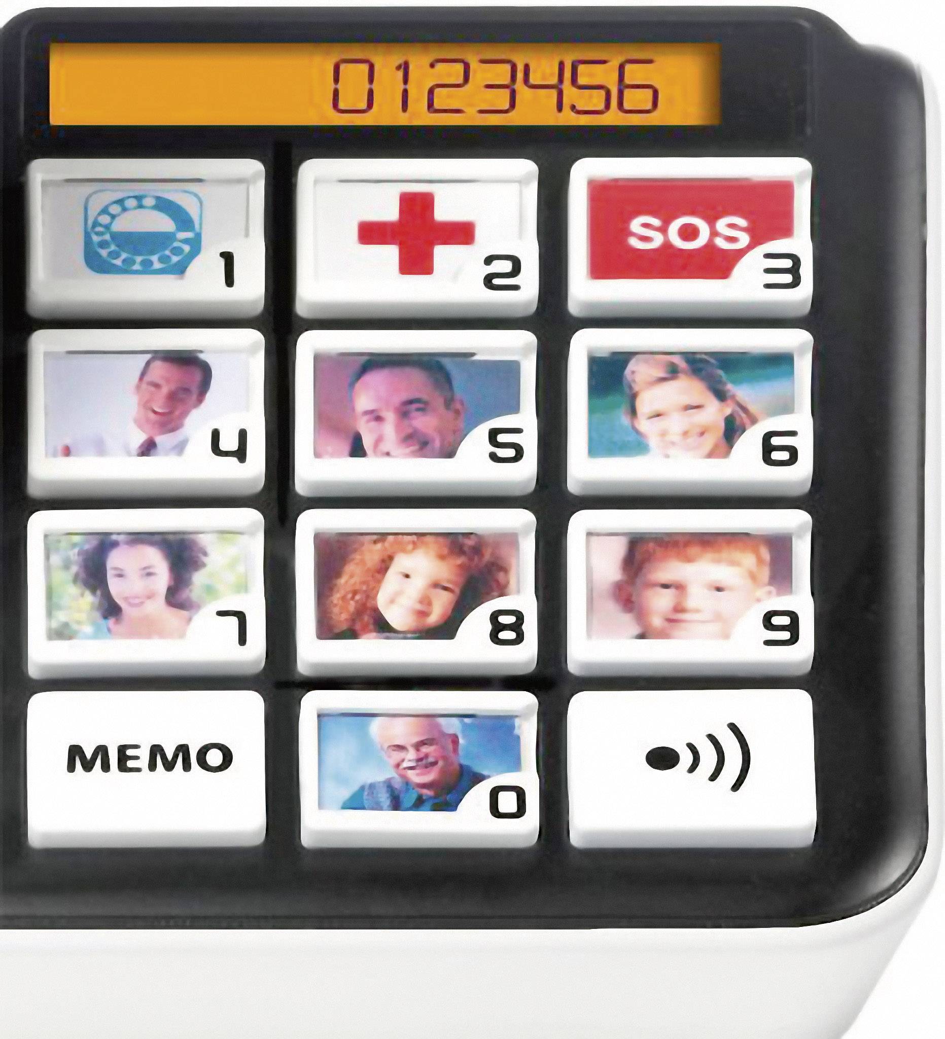 En telefon med snabbvalsknappar som visar foton av personer, var och en märkt med siffror från 1 till 9. Längst upp finns knappar för 'SOS' och Memo.