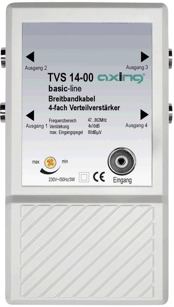 TVS 14-00 basic-line bredbandskabal 4-vägs distributionsförstärkare, silvermetalliskt enheten med fyra utgångar och frekvensspann 47-862 MHz.