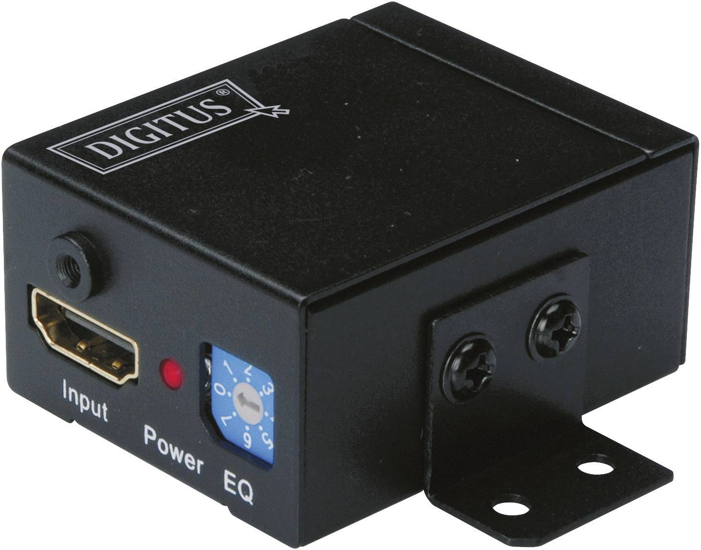 'Digitus' HDMI-förstärkare i svart hölje med HDMI-ingång, Power LED-indikator och EQ-vridreglage. Lämplig för signalförstärkning.
