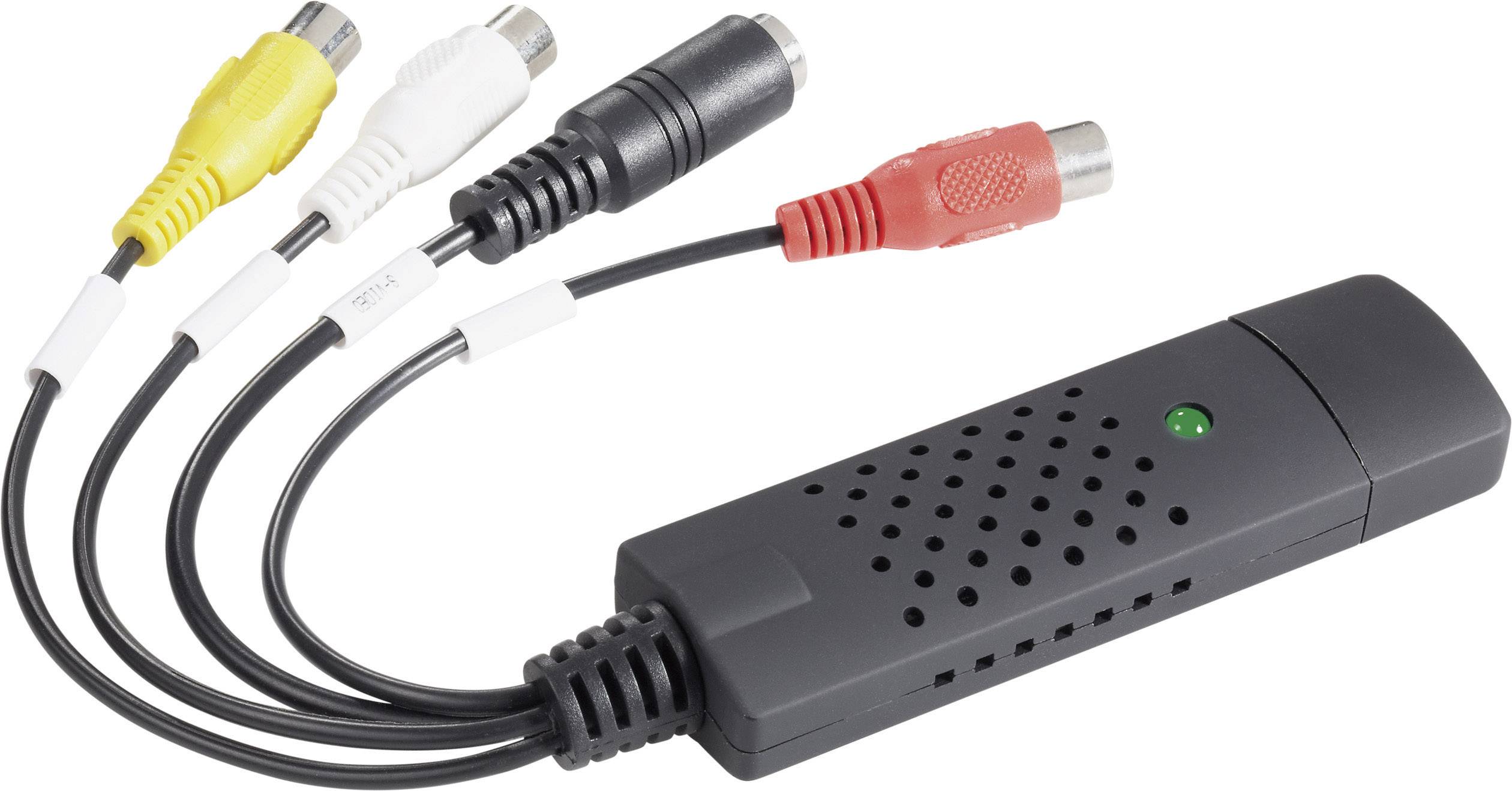 En USB-videoinspelningsenhet med fyra kablar: gul, vit, svart, röd. Den används för att spela in eller överföra videor.