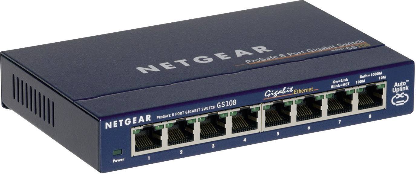 Netgears åtta-ports gigabit Ethernet-switch. Framsidan visar Ethernet-portar och statuslampor. Modellnummer: GS108.