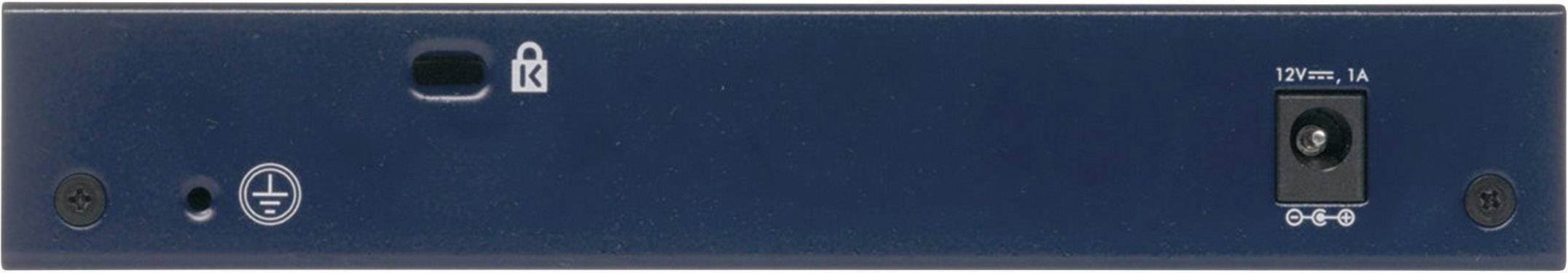 En blå elektronisk apparat med ett nyckelhål, strömuttag och symboler på framsidan för styrning eller anslutning.