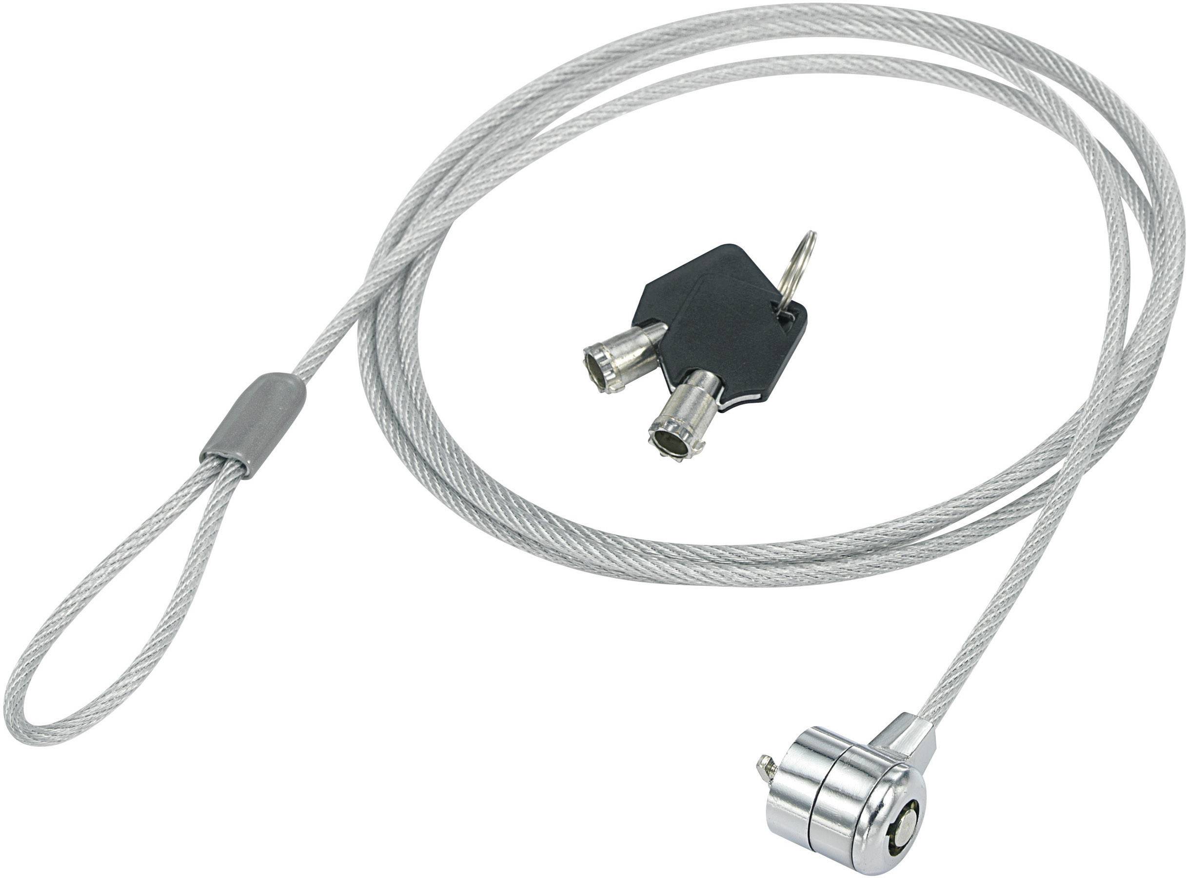 Kabelås med två nycklar för att säkra bärbara datorer. Silverfärgat låshuvud och slinga för fästning vid fasta föremål.