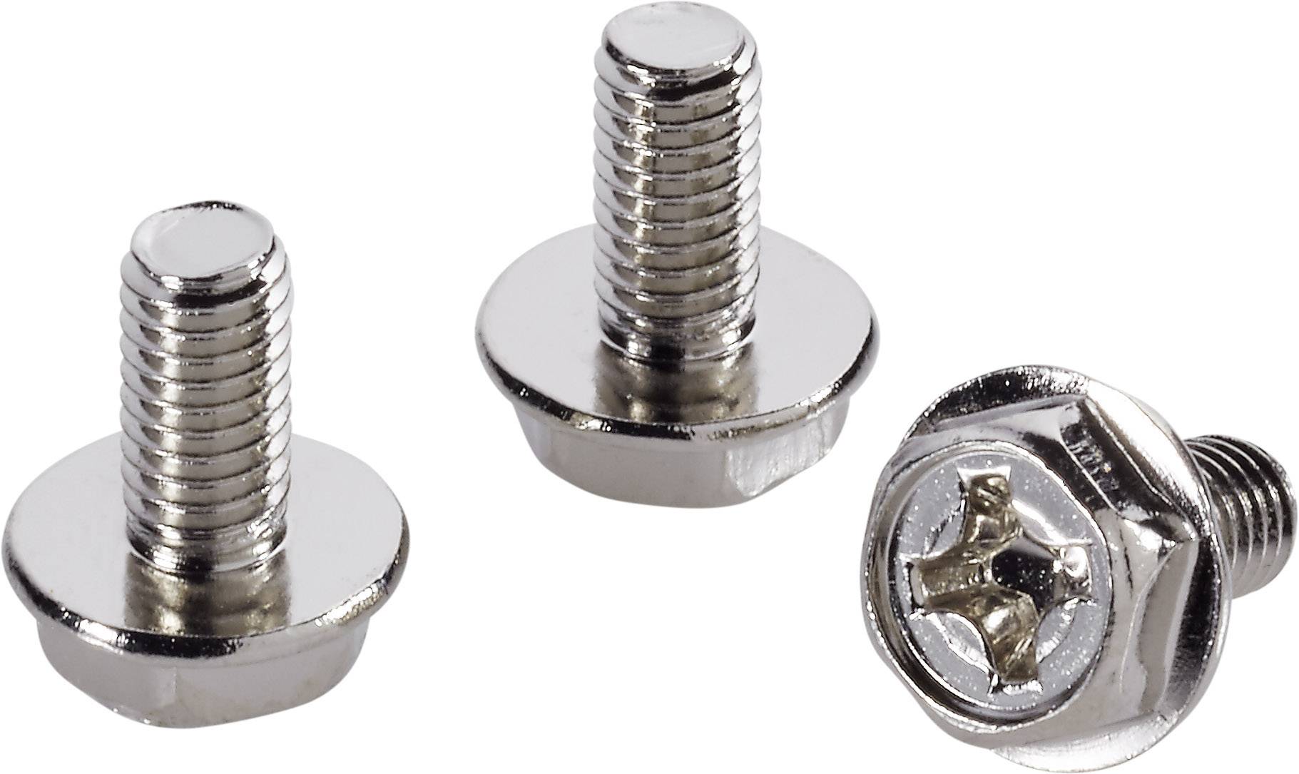 Tre silvermetallskruvar på vit bakgrund; två står lodrätt, en ligger plant med ett krysspår.