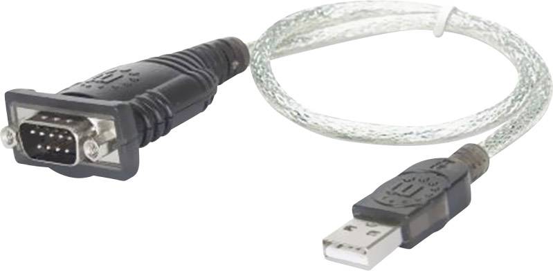Ett USB-till-seriell adapterkabel med en USB-kontakt på ena sidan och en DB9-seriell kontakt på den andra sidan.
