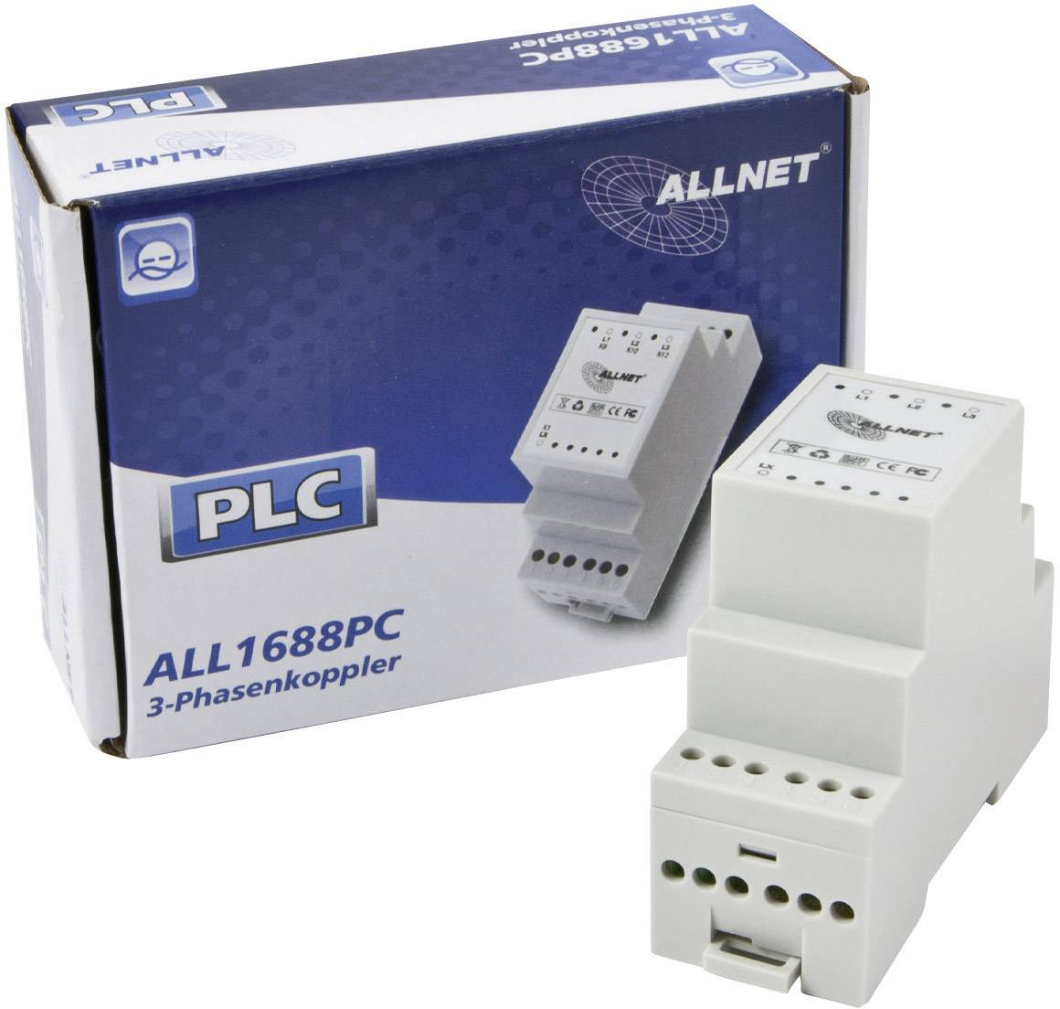 'ALLNET ALL1688PC' 3-fas kopplare i förpackning. Modul för kraftledningskommunikation. Vitt hölje, tekniska anslutningar synliga.