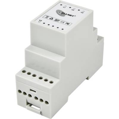 En vit elektronisk DIN-skenemodul med flera anslutningar. Logotypen och certifieringssymbolerna är synliga.