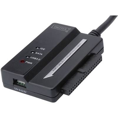 En USB-adapter för anslutning av IDE- och SATA-hårddiskar med USB 3.0, inklusive LED-indikatorer för drift och gränssnittsstatus.