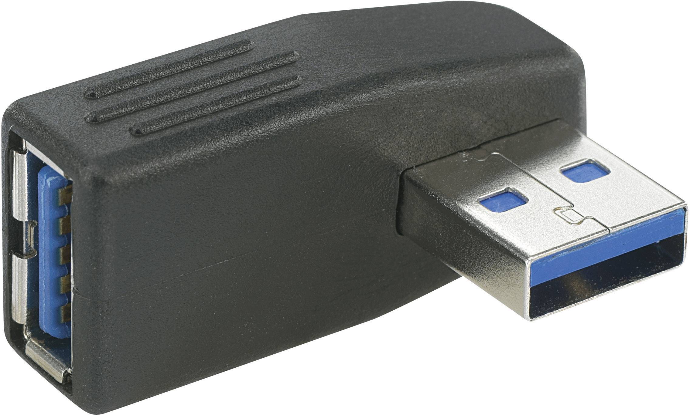 En USB-adapter från USB-A till USB-B. Adaptern har en rät vinkel för en yteffektiv anslutningsmöjlighet.