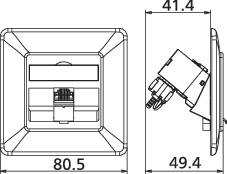 Teknisk ritning av en rektangulär enhet med dimensioner: 80,5 mm bredd, 41,4 mm djup, sidovy och anslutningsdetaljer.