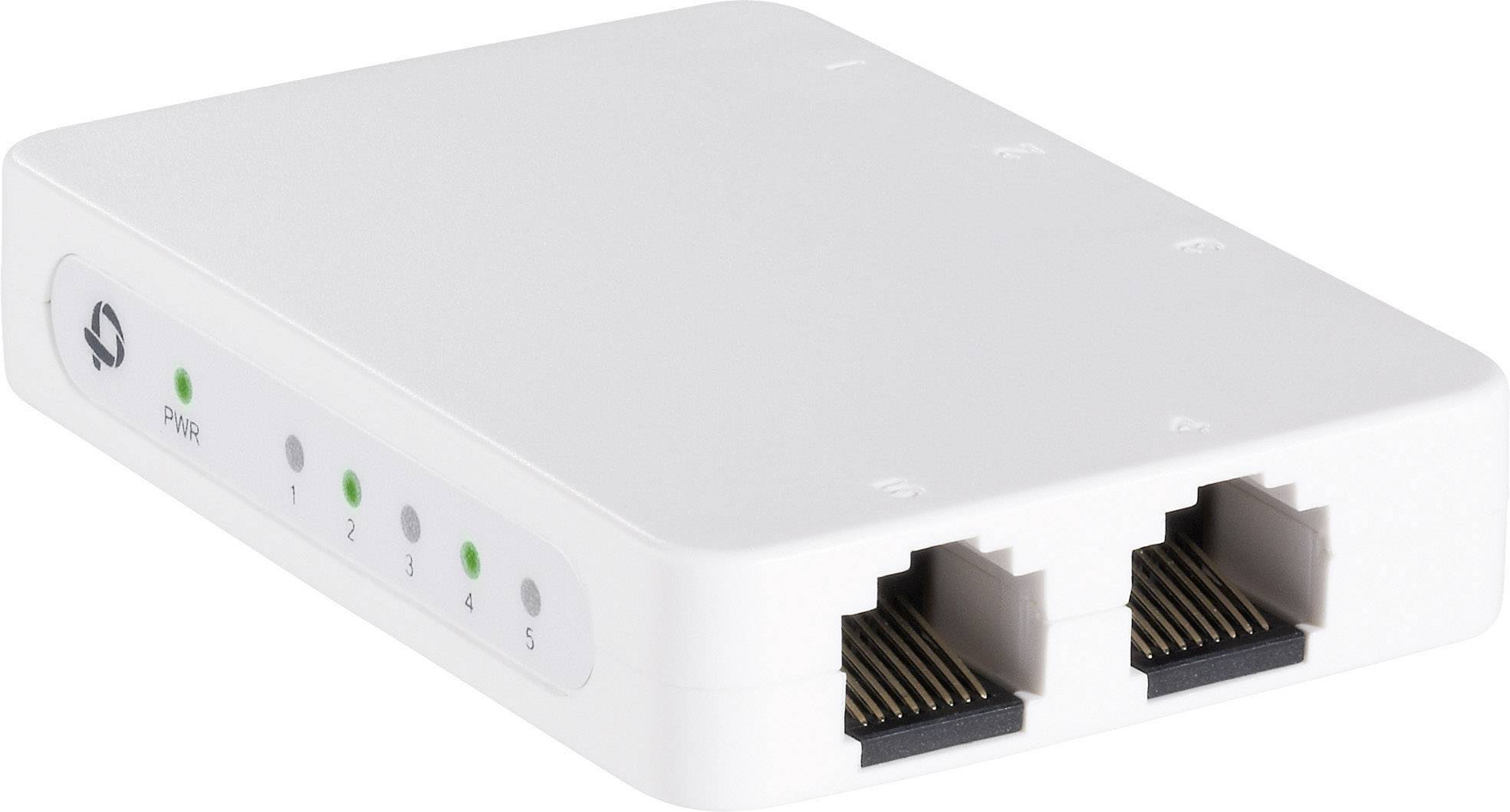 En liten, vit Ethernet-switch med fem nätverksindikatorer och två Ethernet-portar, lämplig för att utöka nätverksanslutningar.