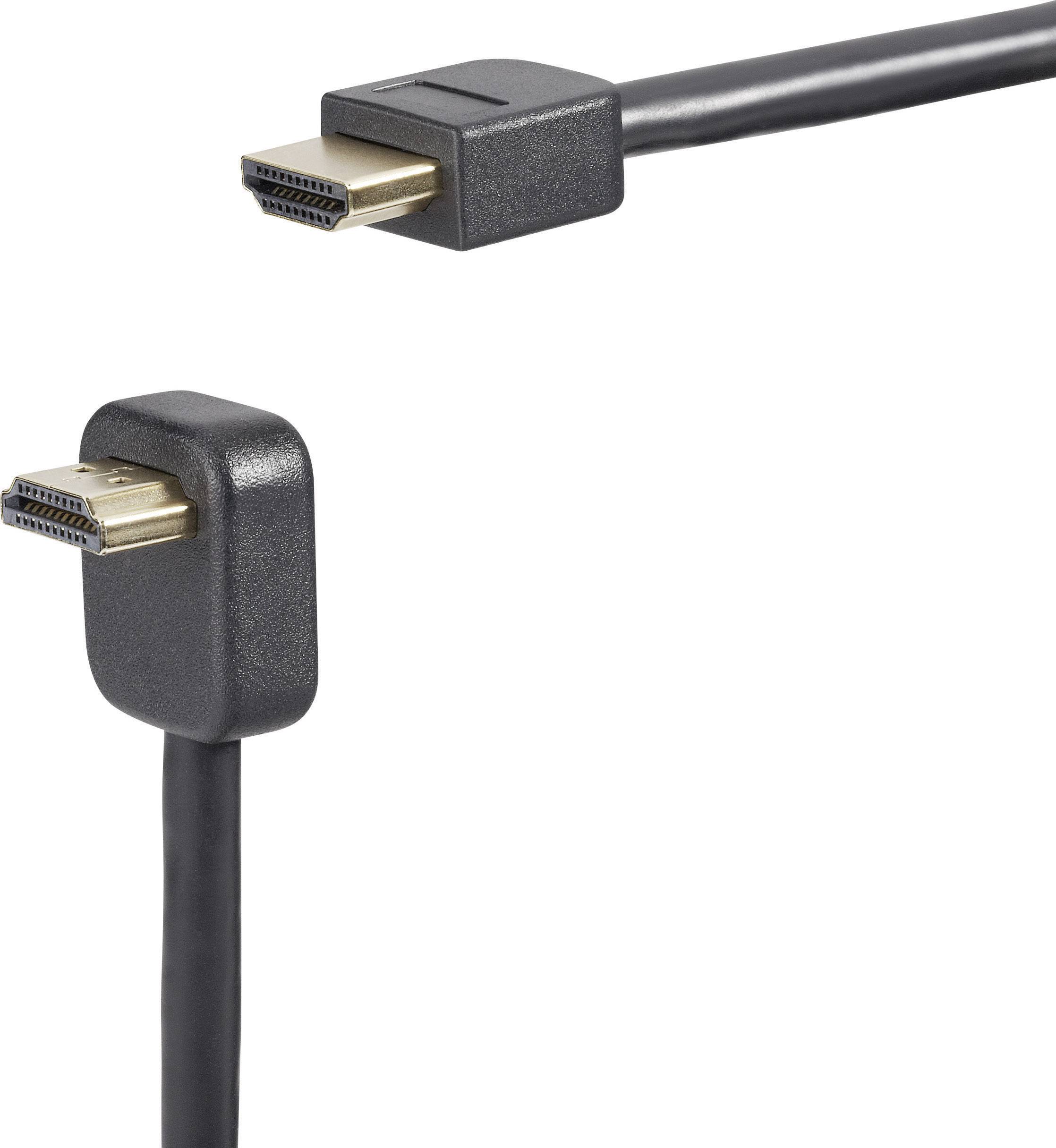 Två HDMI-kablar med rätvinkel kontakter. En pekar uppåt och den andra åt vänster.