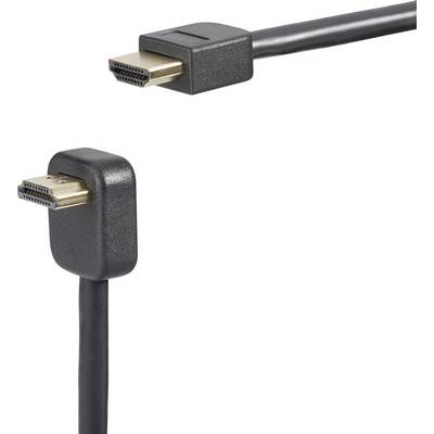 Två HDMI-kablar med rätvinkel kontakter. En pekar uppåt och den andra åt vänster.