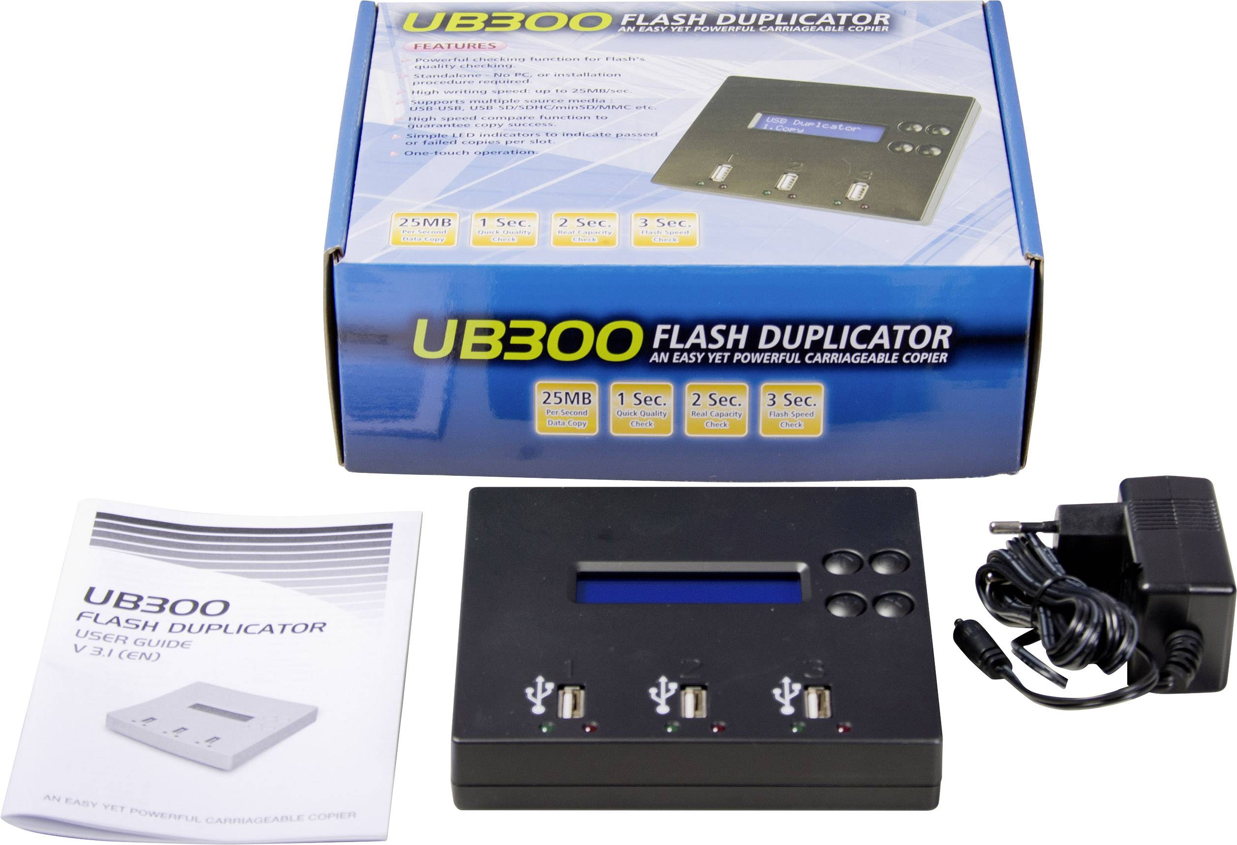 UB300 Flash Duplicator-bruksanvisning, enhet med LCD-skärm, tre knappar och nätadapter. Förpackningen visar 25 MB prestanda.