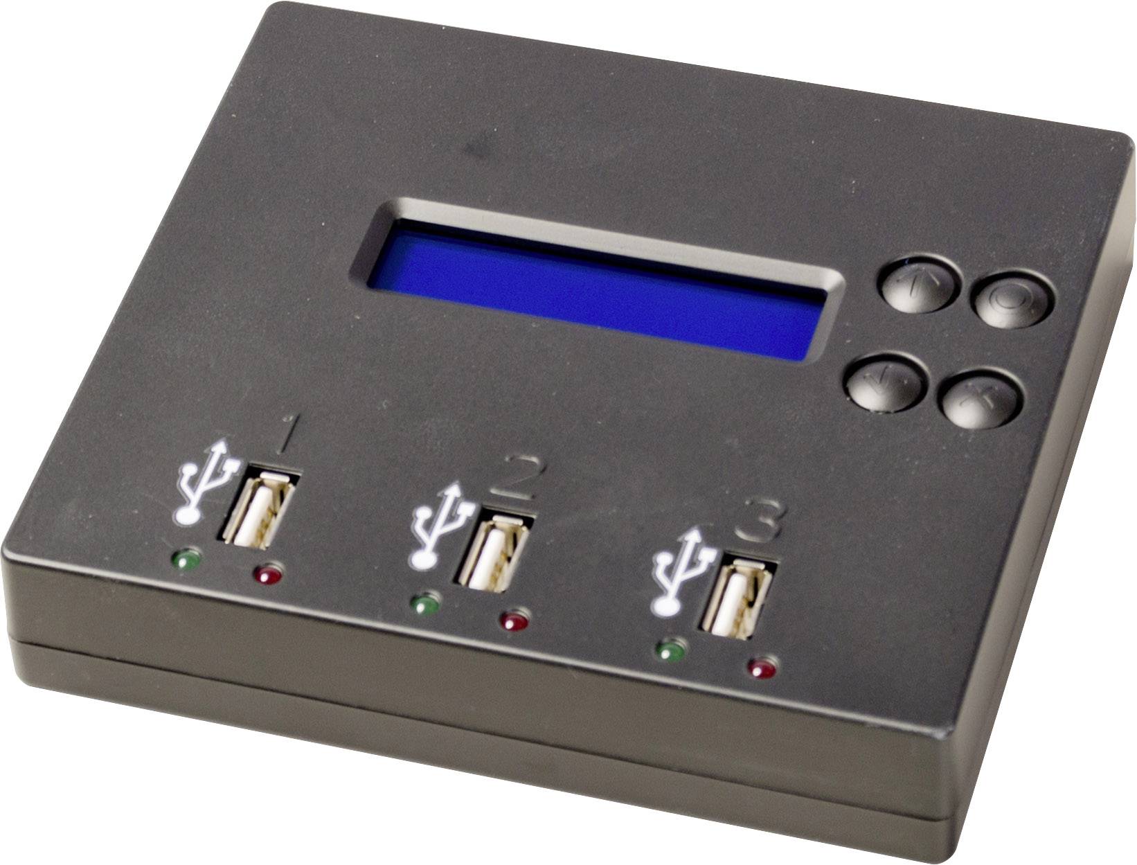 En svart elektronisk apparat med en blå skärm, tre USB-portar och fyra knappar, numrerade från 1 till 3.