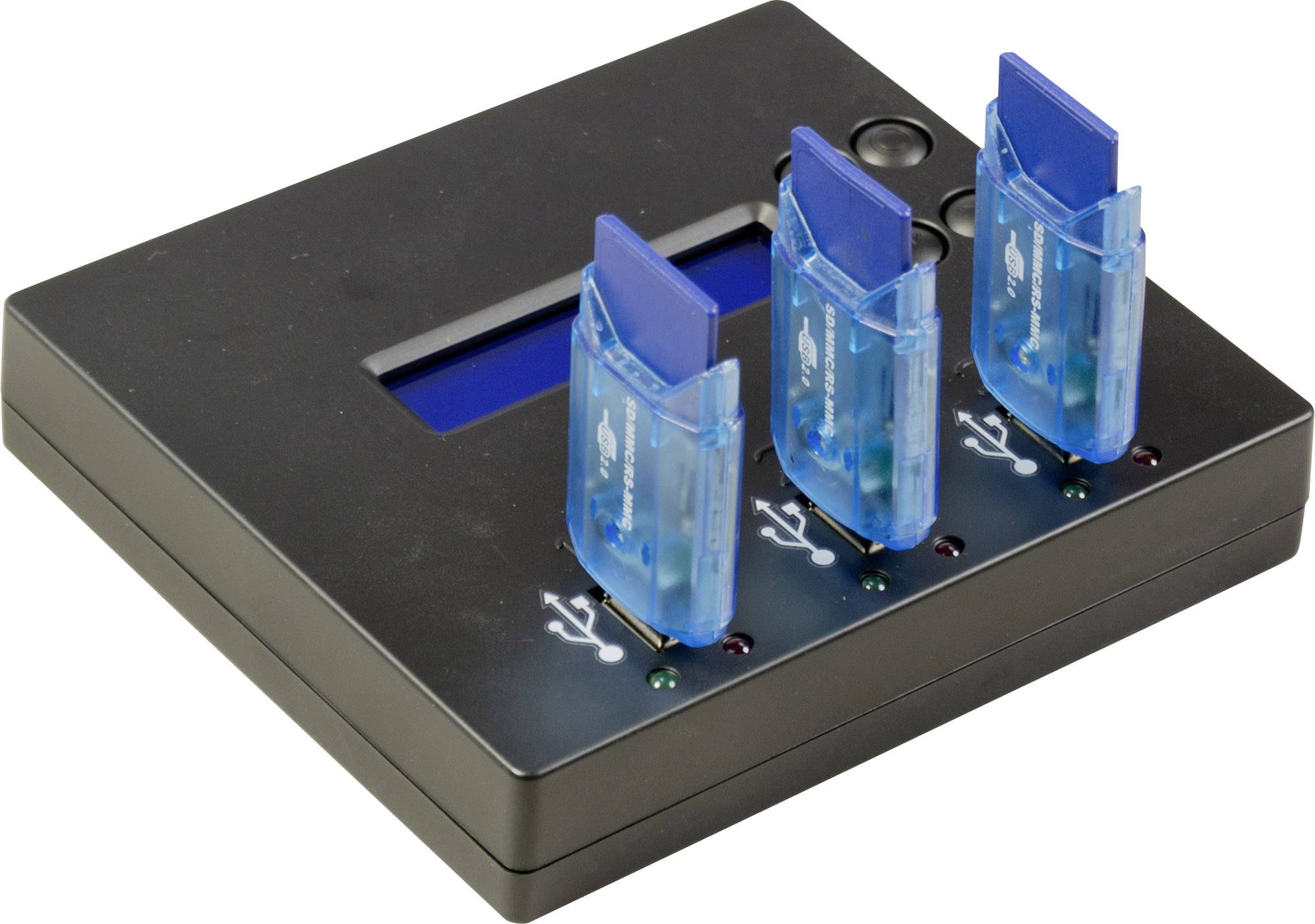 En svart USB-enhet med tre blå minneskortsadaptrar instuckna. Varje adapter har en liten LED-indikator.