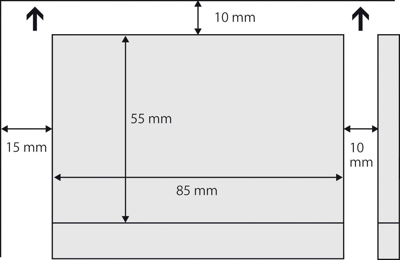 Rektangulär skiss med mått: 85 mm bredd, 55 mm höjd. Pilar ovanför och till höger med 10 mm avstånd, vänster pil med 15 mm avstånd.