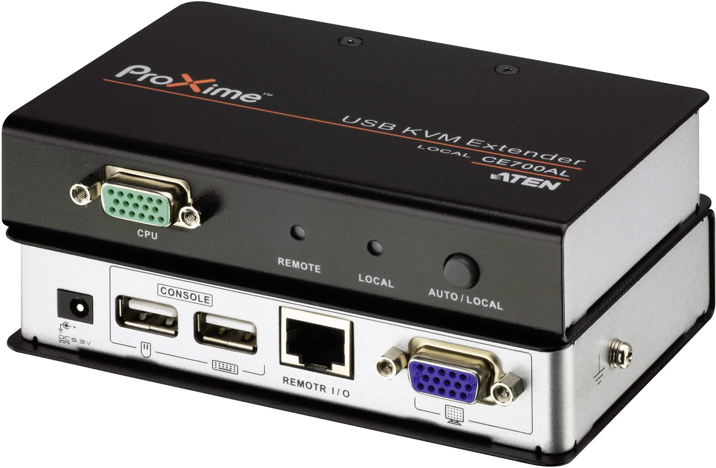 En USB-KVM-förlängare från ProXime, modell CE700AL, visar fram- och baksidan. Portar för VGA, USB, Remote I/O och AUTO/LOCAL är synliga.