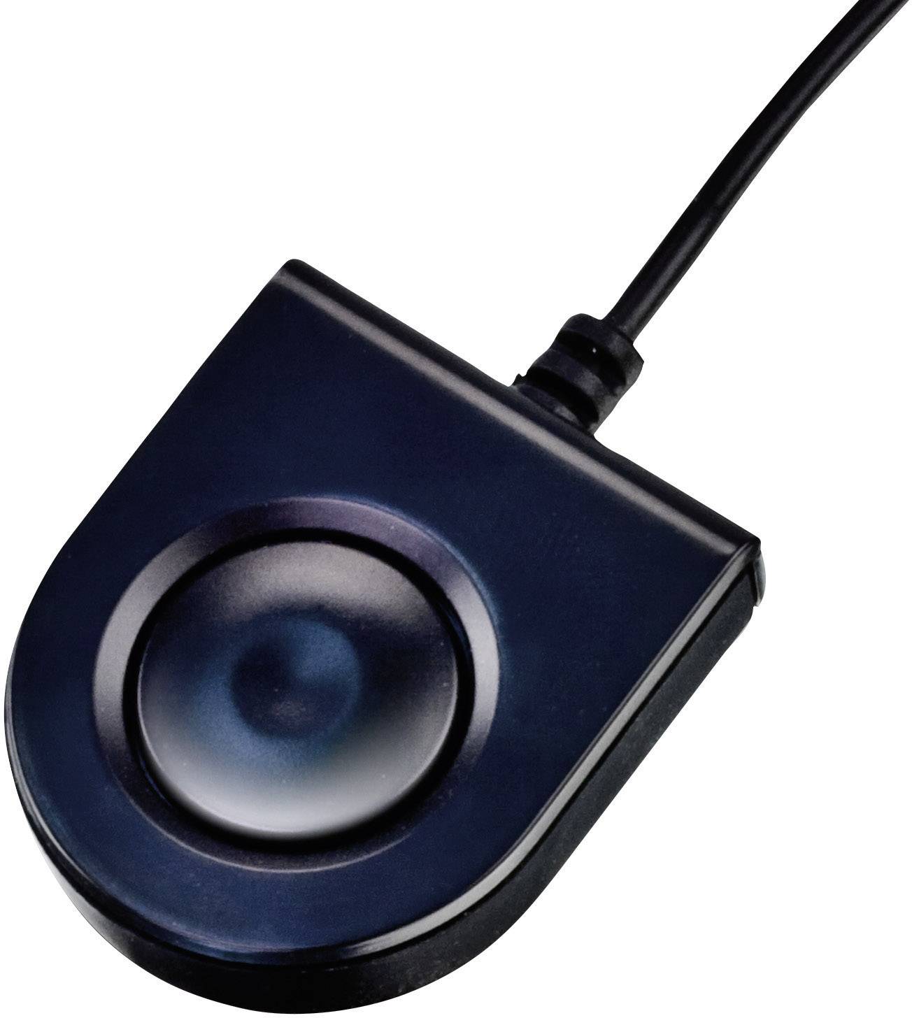 Svart-blå fotomkopplare med rund knapp och kabel, för manövrering av enheter genom fotaktivering.