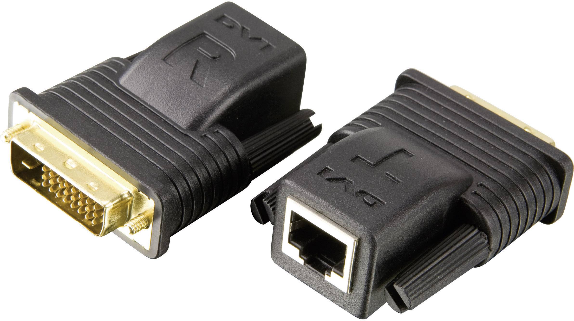 Två svarta adaptrar: till vänster en DVI-kontakt med många guldiga stift, till höger en DVI-uttag med en nätverksanslutning.