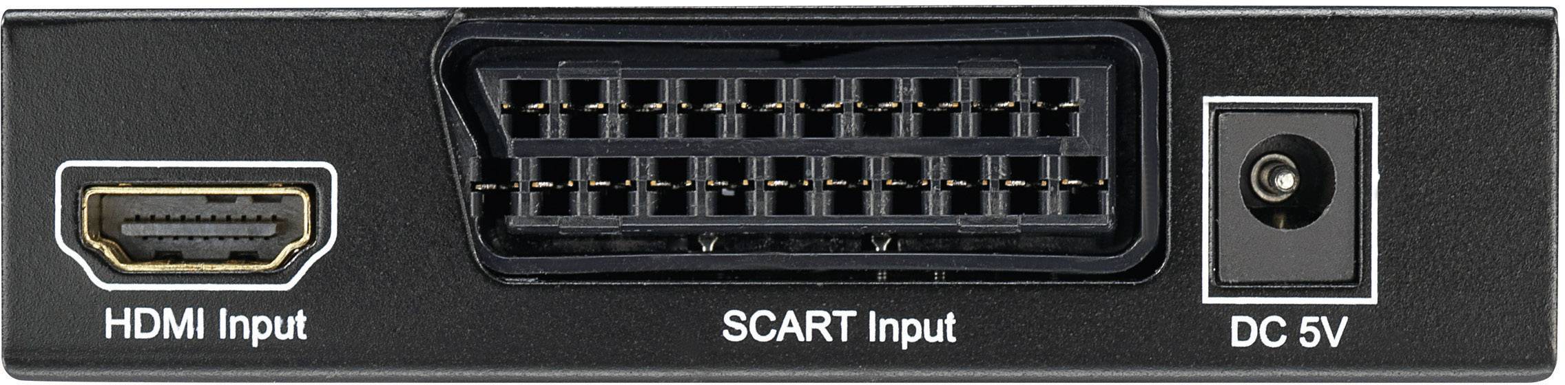 Baksida av en enhet med HDMI-, SCART- och DC 5V-ingångar.
