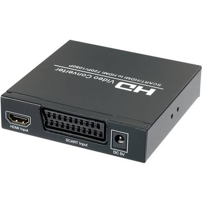 'HD-videokonverterare' med HDMI- och SCART-ingångar, kompakt lådeform. Konverterar SCART-signaler till HDMI.