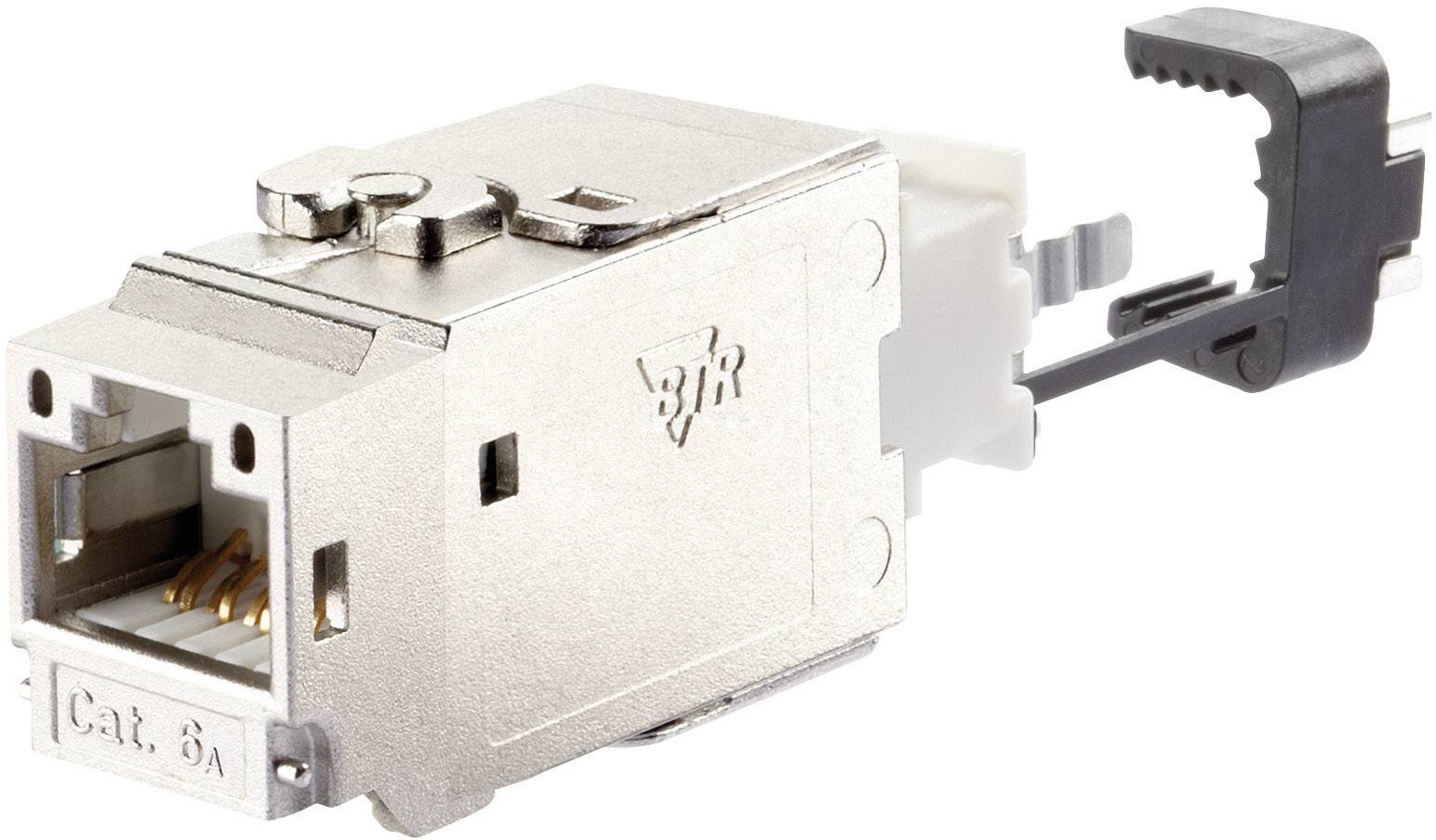 En silver nätverkskontakt med ett svart kabelklämma för Ethernet-anslutningar, märkt med 'Cat. 6A'.