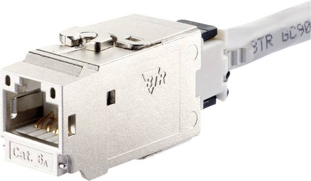 En silverfärgad RJ45-kontakt av typen Cat. 6A, igenkännbar genom den präglade 'BTR'-logotypen, med ansluten kabel.
