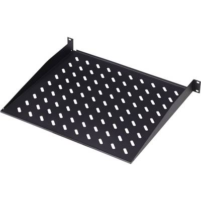 Ett svart, rektangulärt hyllplan med ventilationsspringor och sidofästen för montering i ett rack eller skåp.
