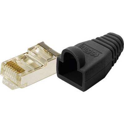 En RJ45-kontakt bredvid ett svart gummiskydd. Kontakten har åtta metallkontakter, lämplig för nätverksanslutningar.