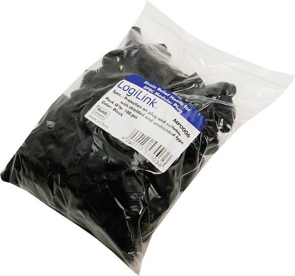 <br>  LogiLink<br>  MP0006<br>  Brytskydd<br>  MP0006<br>  Böjskydd <br>  <br>  <br>  Antal poler (RJ) 8P8C<br>  Svart<br>  100 st<br>