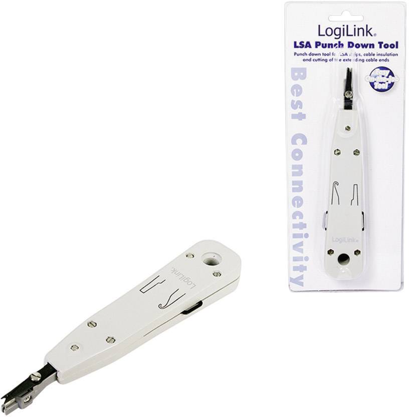 Ett 'LogiLink LSA Punch Down Tool' bredvid sin förpackning. Det är ett praktiskt verktyg för nätverkskablage med ergonomisk design.