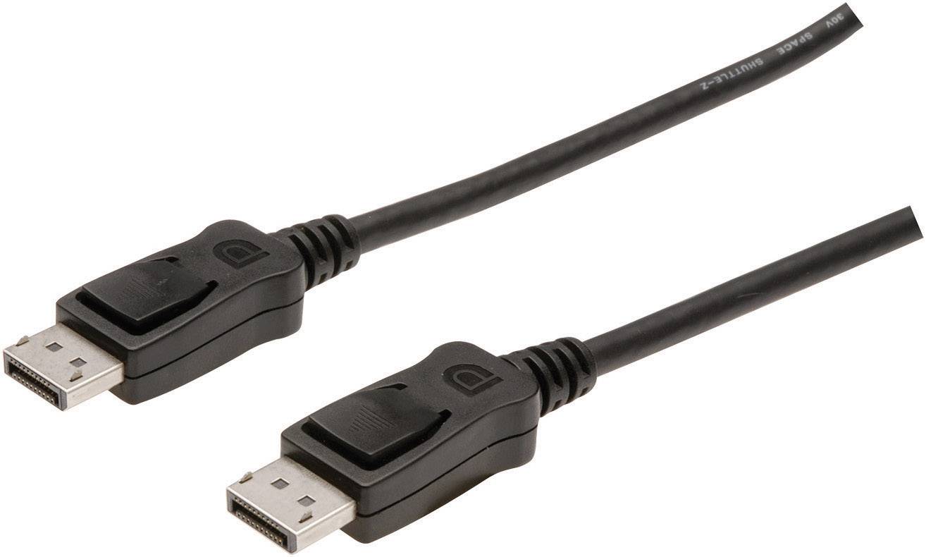 Ett svart DisplayPort-kabel med två anslutningar som används för att ansluta bildskärmar till datorer.