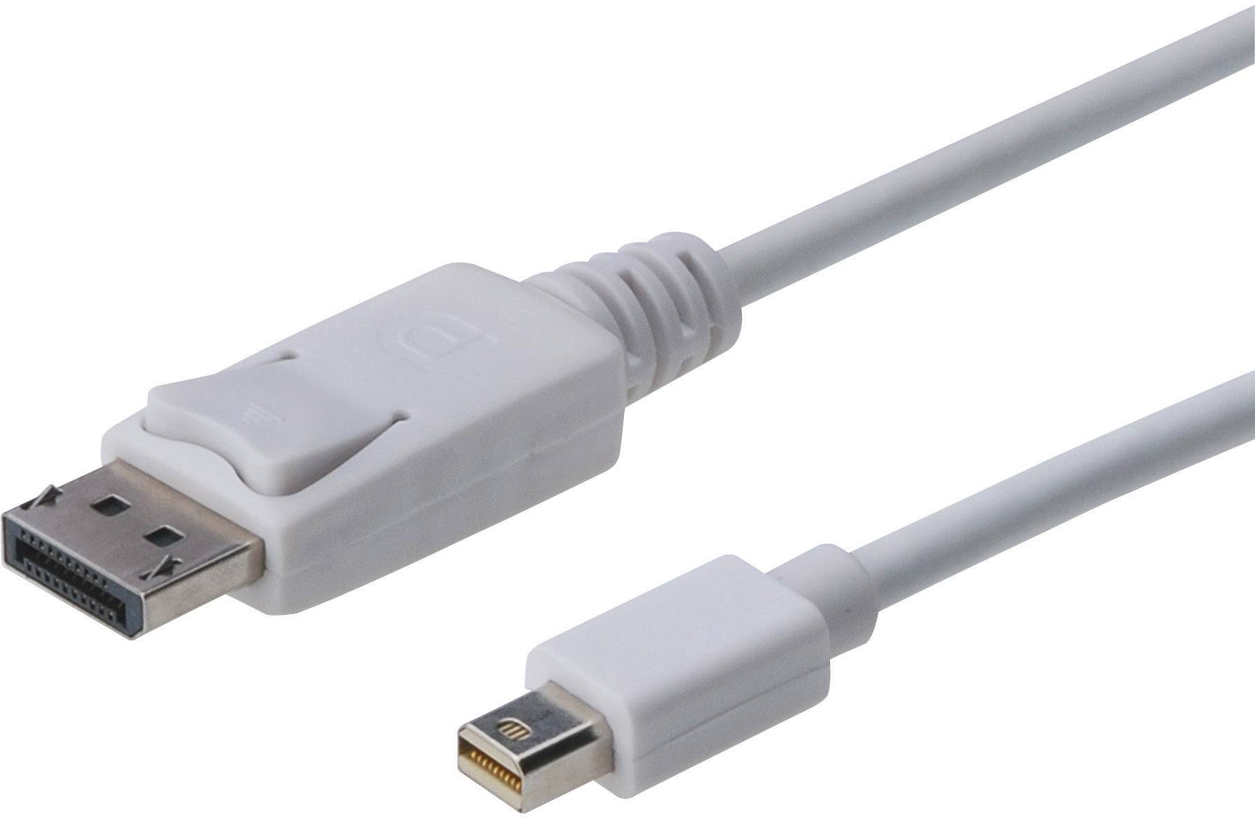 Vit kabel med DisplayPort-kontakt och Mini DisplayPort-kontakt på vit bakgrund.