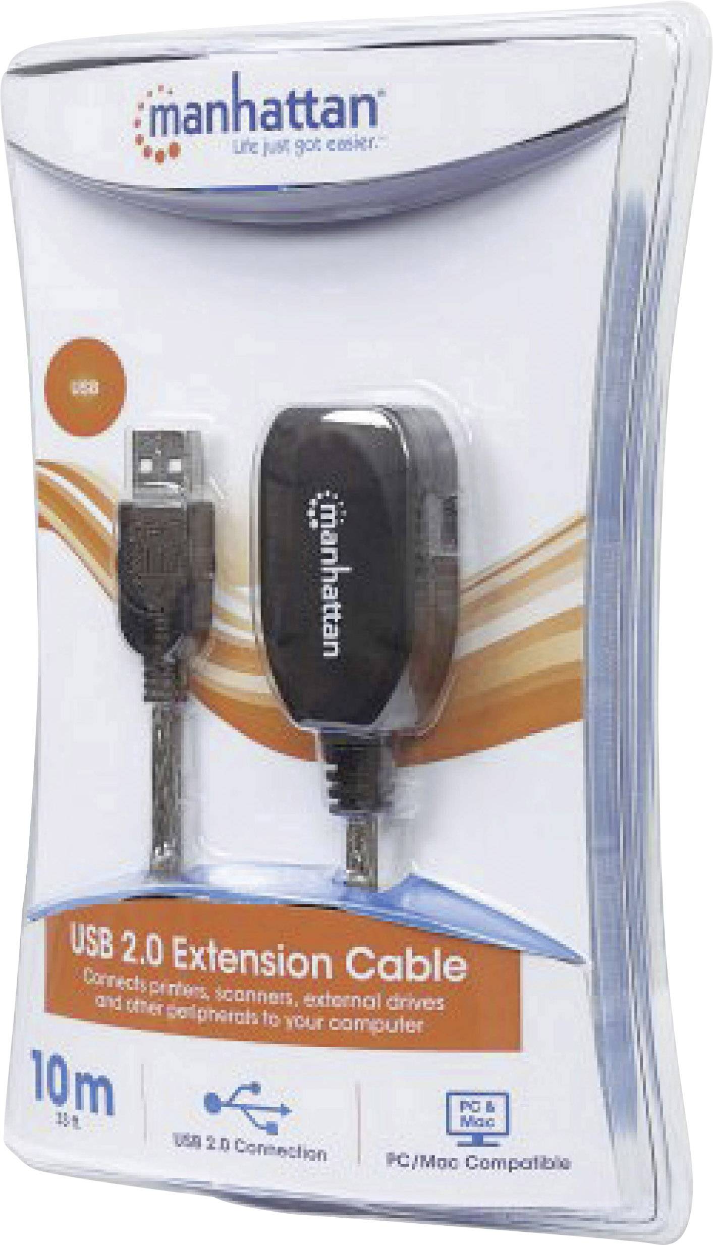 Här är översättningen till svenska:<br><br>'Manhattan USB 2.0 förlängningskabel, 10 meter, för skrivare, skannrar och externa enheter. Kompatibel med PC & Mac.'