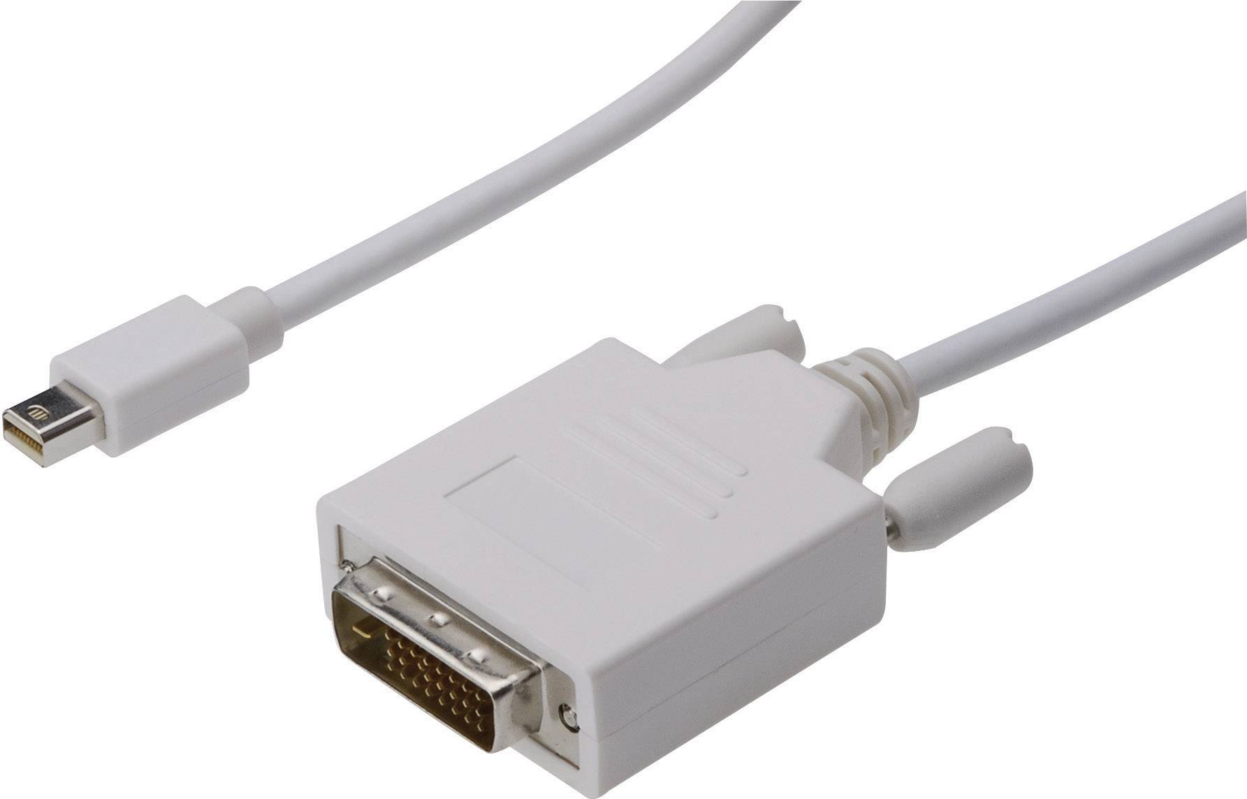 En vit kabel med en Mini-DisplayPort-kontakt och en DVI-kontakt, för att ansluta datorer till skärmar.