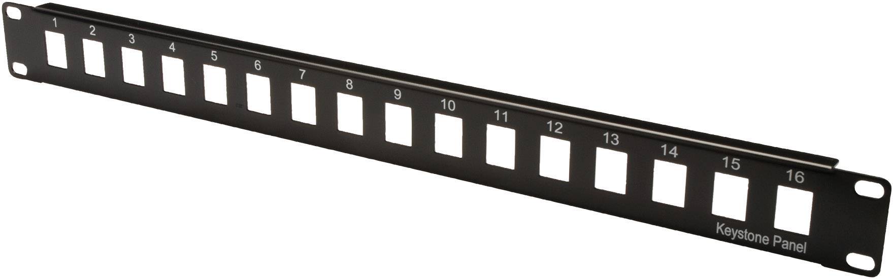 Svart Keystone-patchpanel med 16 numrerade kontaktöppningar för nätverksanslutningar, sedd framifrån.