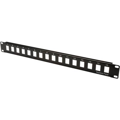 Svart Keystone-patchpanel med 16 numrerade kontaktöppningar för nätverksanslutningar, sedd framifrån.