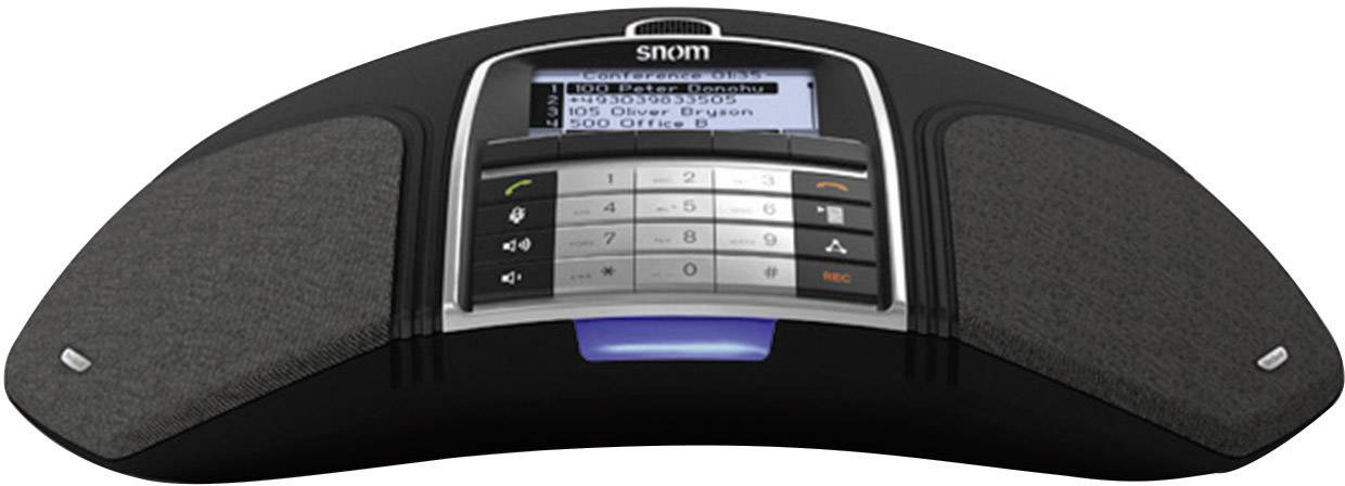 Konferenstelefon i trekantig form med integrerad skärm och knappsats, lämplig för professionella telefonkonferenser.