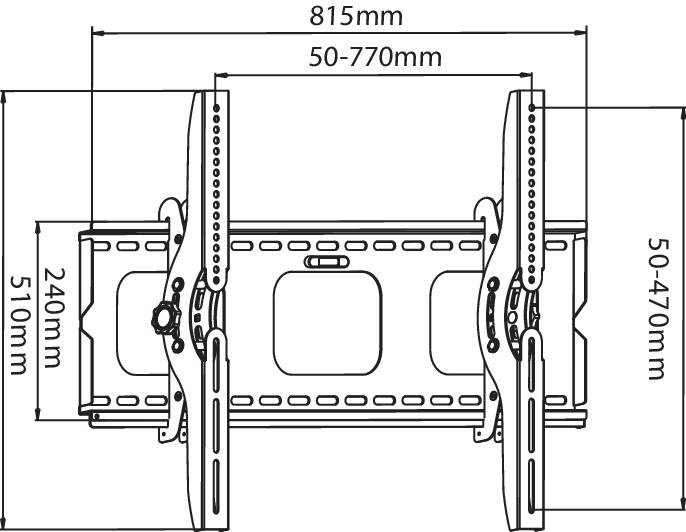 Teknisk ritning av en TV-väggfäste med mått: Bredd 815 mm, höjd 510 mm, justerbar bredd 50-770 mm, höjd 50-470 mm.
