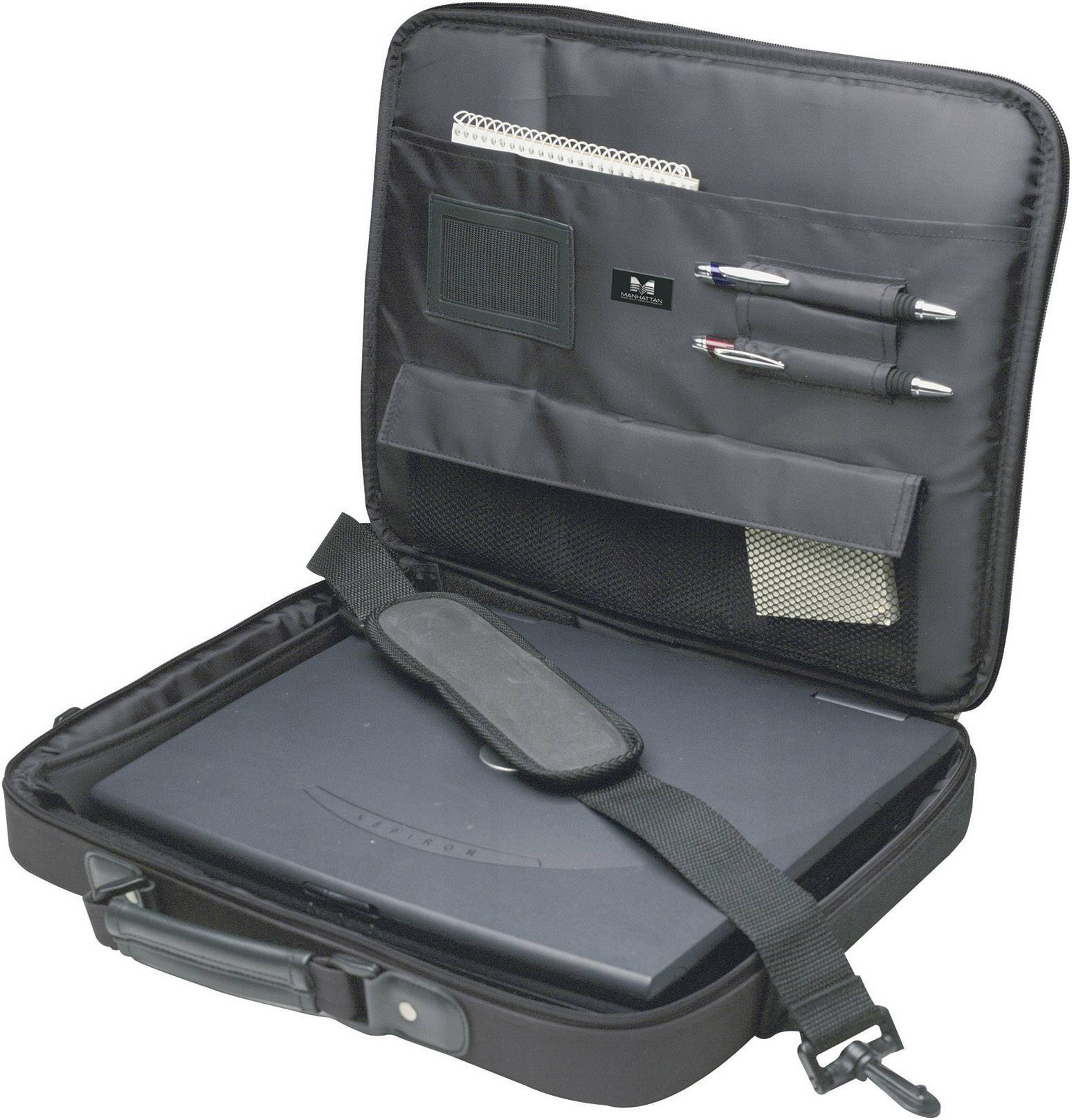 Öppen laptopväska med laptop i det nedre facket, övre facket med pennhållare och anteckningsblock. Perfekt för affärsresor.