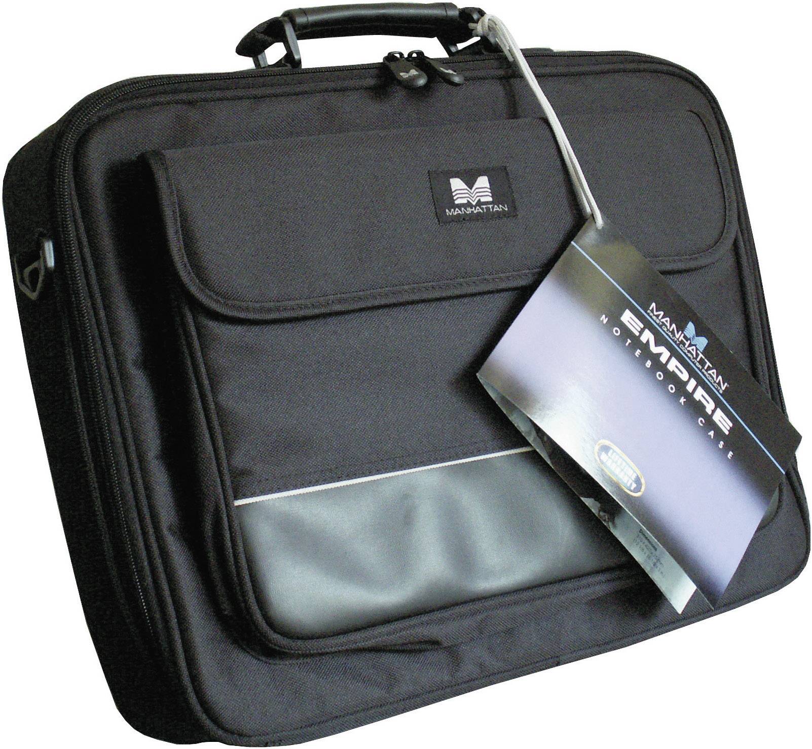 Svart laptopväska med handtag och framficka, märkesetikett 'Manhattan' på framsidan. Fastsatt etikett med produktinformation.
