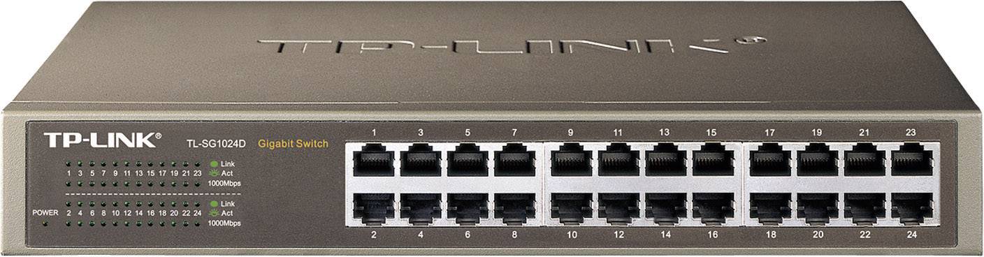 TP-Link Gigabit-switch med 24 Ethernet-portar för nätverksanslutning. Indikatorlampor visar driftstatus och anslutningshastighet.