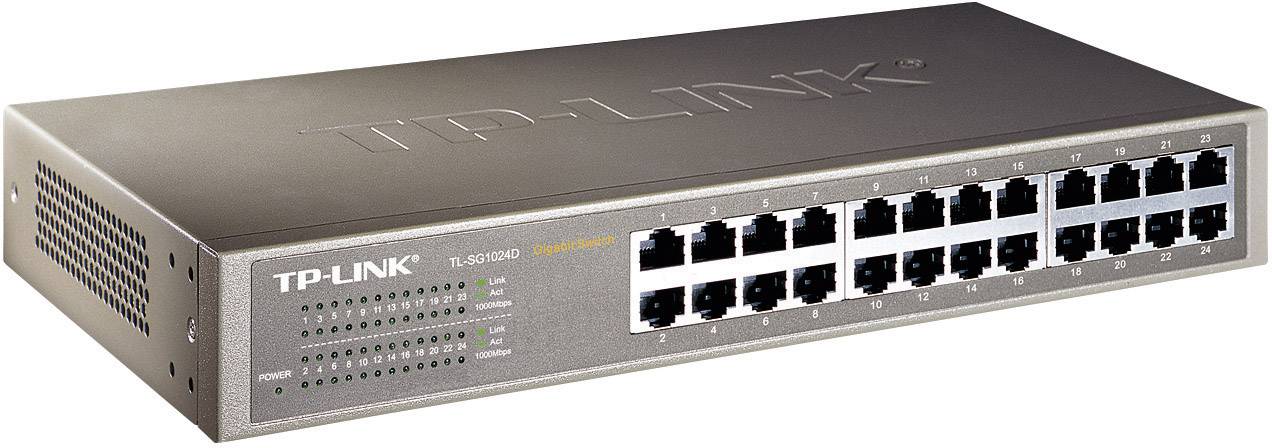 En 24-ports Ethernet-switch från TP-Link, modell TL-SG1024ND, lämplig för användning i nätverksmiljöer.