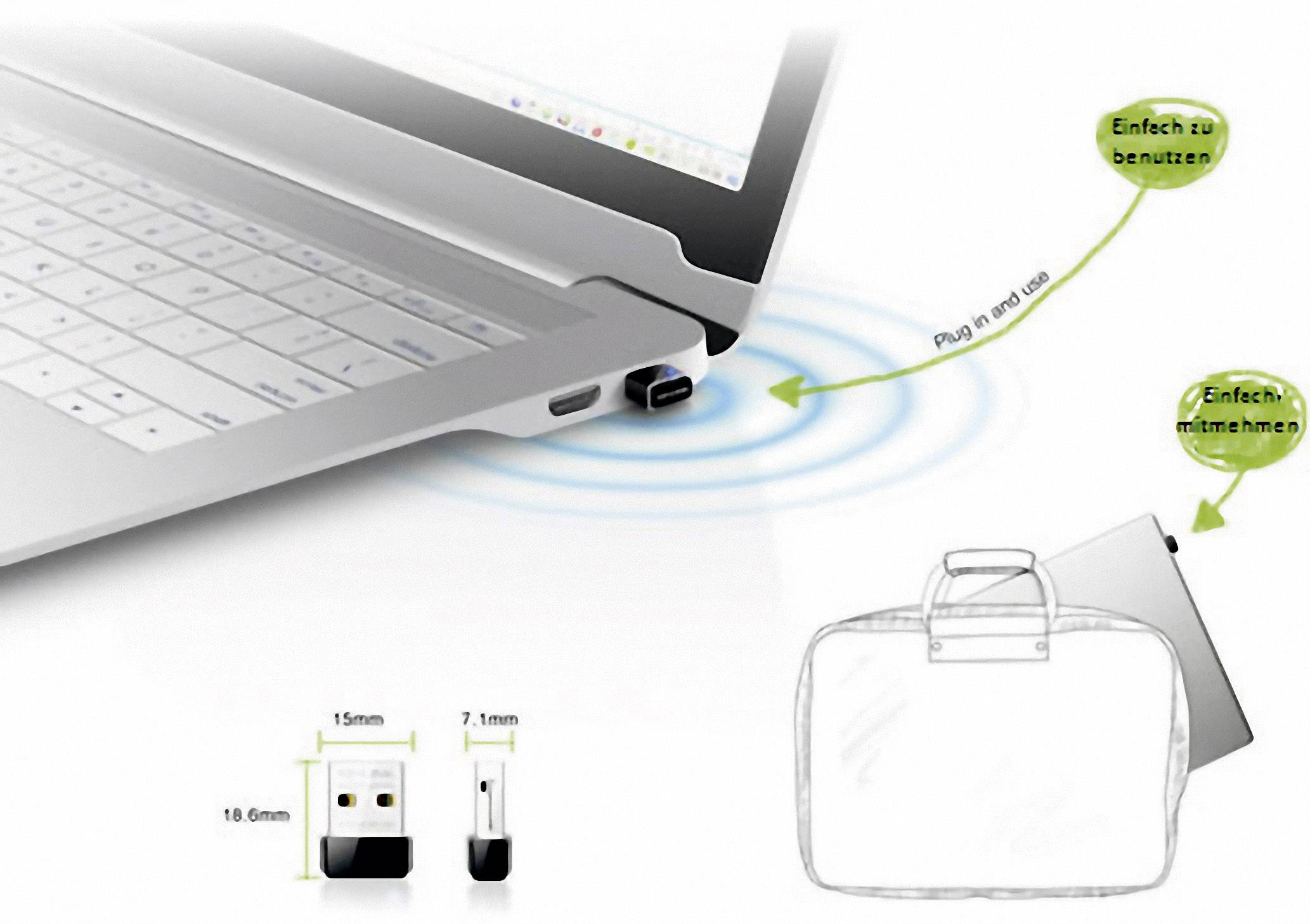 En anteckningsbok med en USB-mottagare som är enkel att använda och transportera. Till höger en schematisk skiss av en väska.