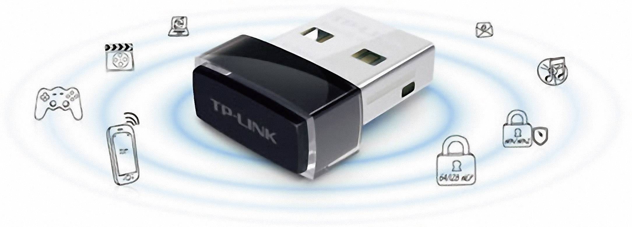 En TP-Link USB WLAN-adapter, omgiven av symboler för spel, smartphone, musik, nedladdningar, säkerhet som representerar WLAN-funktionalitet.