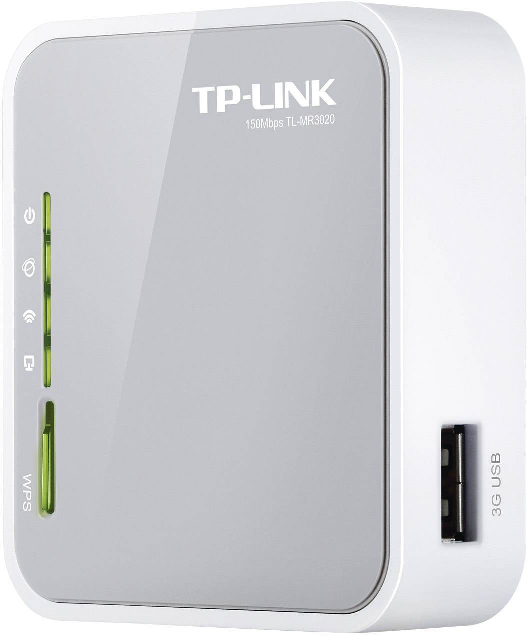 En vit TP-Link 150Mbps TL-MR3020 WLAN-router med sidoplacement USB-port och lysande statusindikationer på framsidan.
