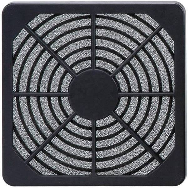 Ett svart kvadratiskt ventilationsgaller med cirkulärt, radialsymmetriskt mönster. Innehåller gråa partiklar på ytan.