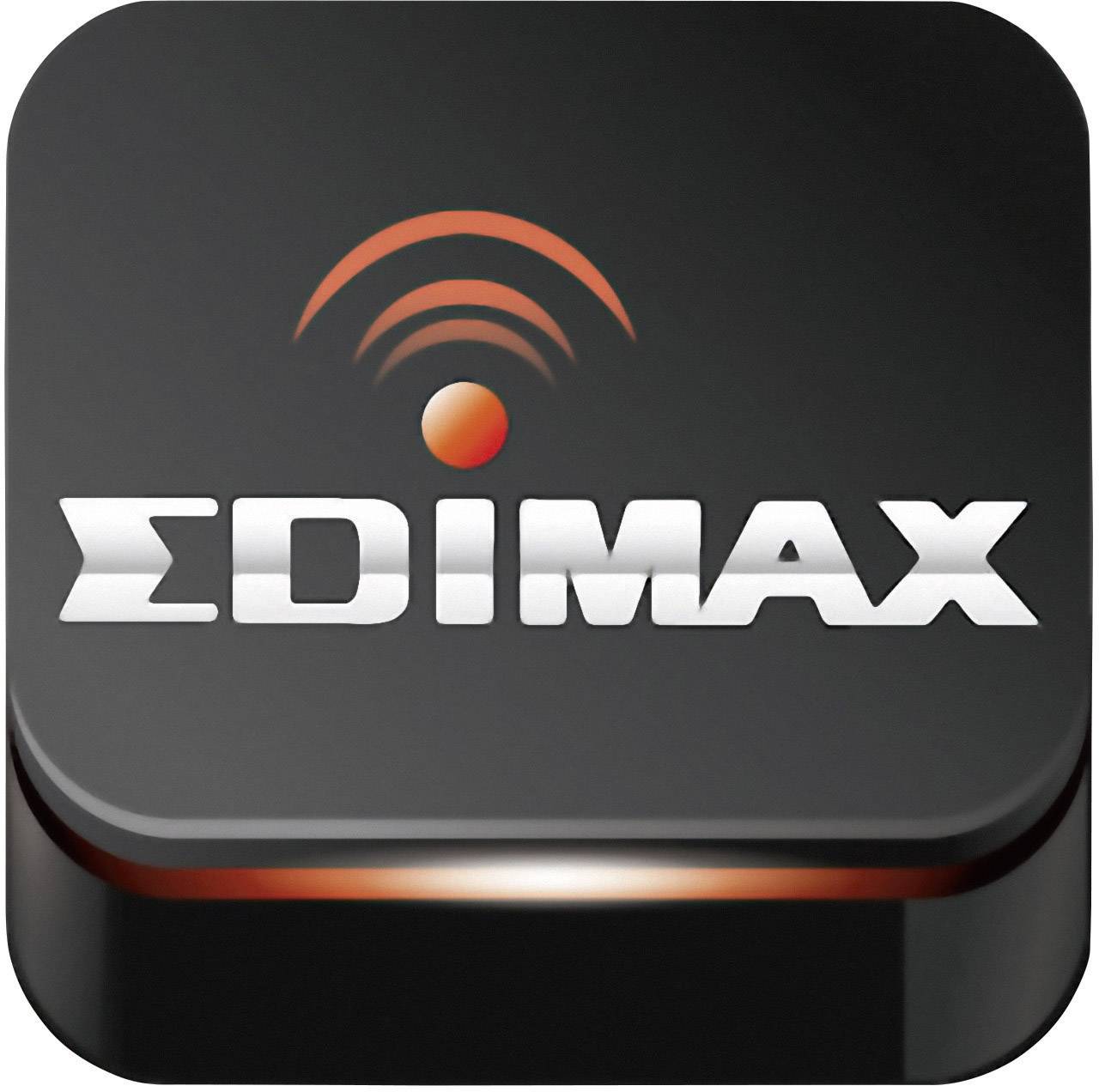 Svart symbol med vit 'Edimax'-text och orange WLAN-symbol ovanför. Symbol för trådlösa nätverk.